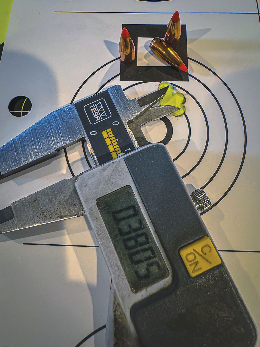 The best five-shot group tested was using the  Hornady 40-grain V-MAX bullet, the group  measured .380 inch. The V-MAX bullet just  always seems to shoot well. It is by far one of my favorite varmint bullets.